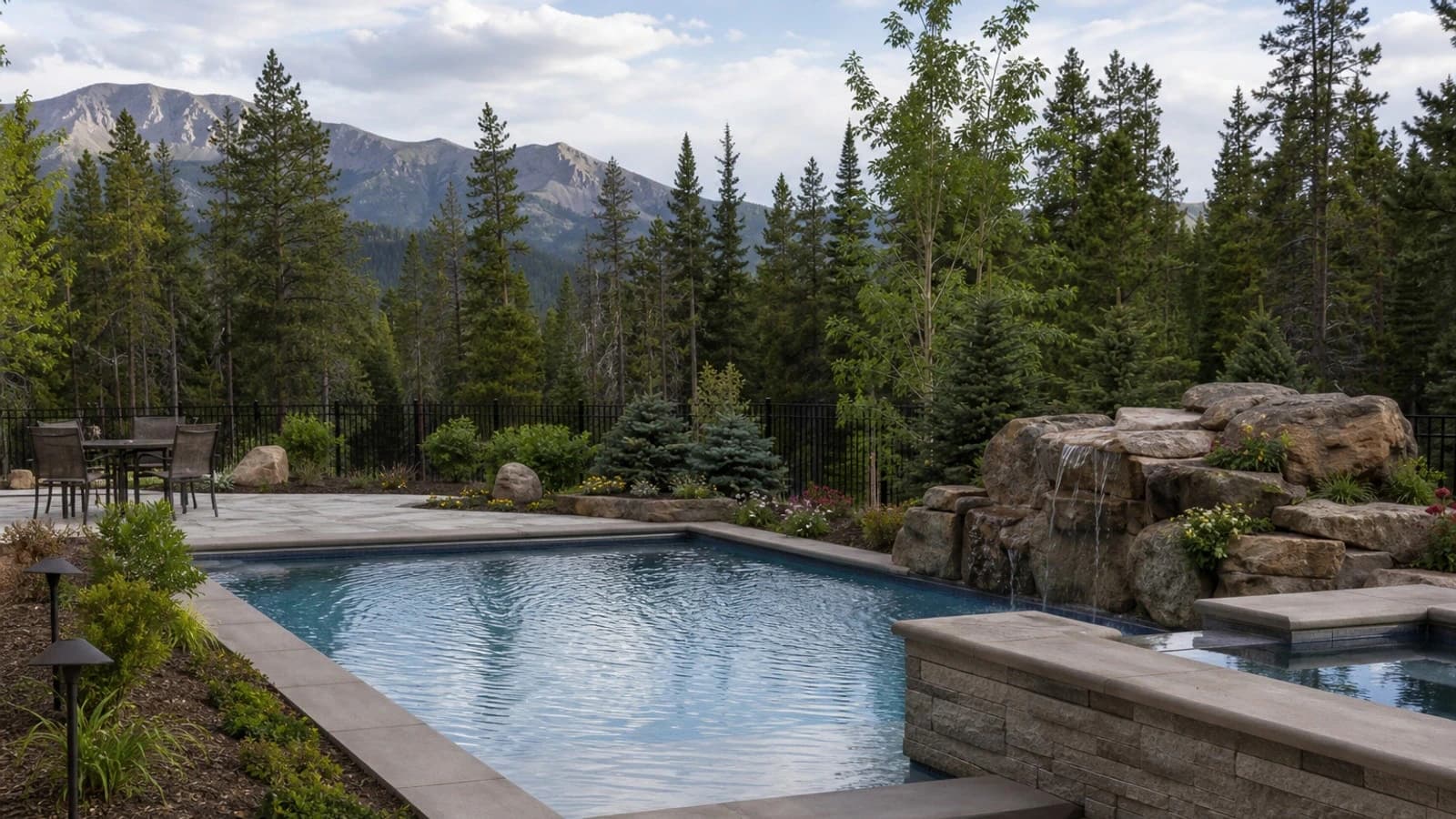 Fiberglass pool with paver deck at twilight, Colorado backyard