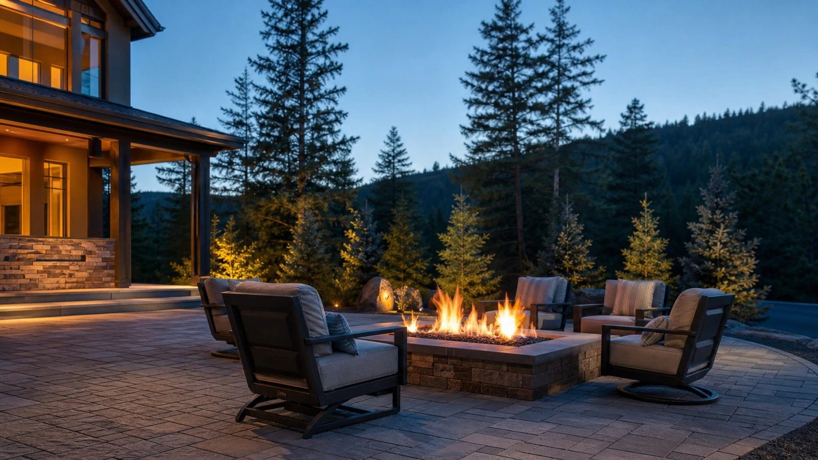 Custom outdoor fire pit with seat wall in Colorado backyard