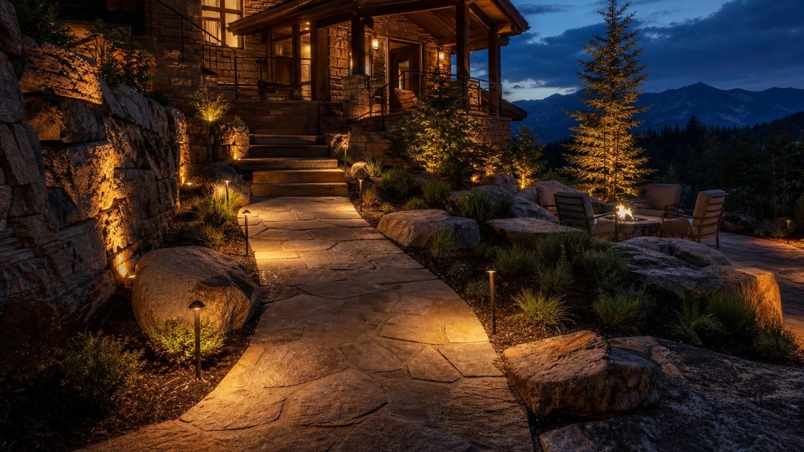 Low-voltage architectural outdoor lighting at dusk