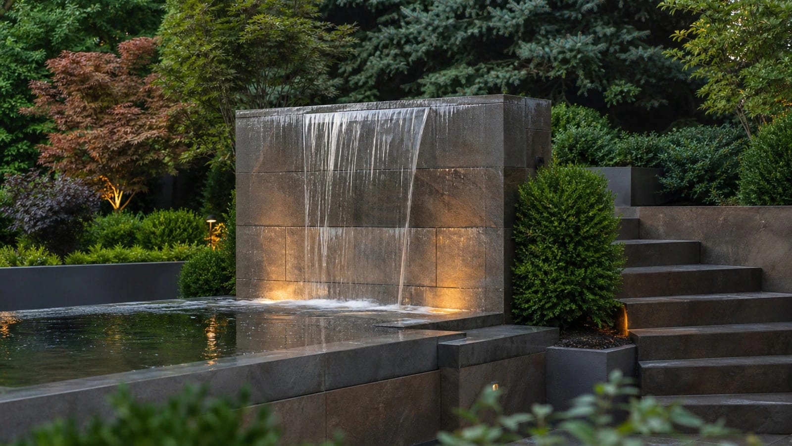 Stone water feature with spillway in residential backyard