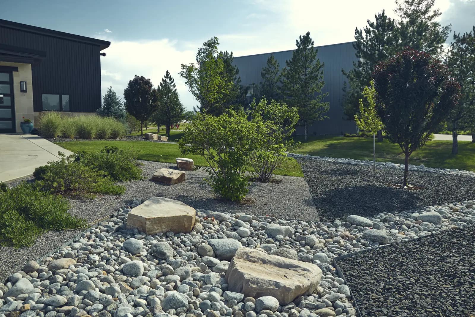 Front yard with river rock beds, sandstone boulders, young trees, and crushed gravel